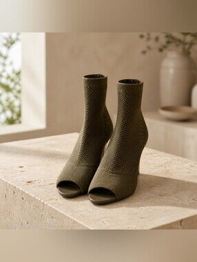 Express Women’s Olive Knit Peep-Toe Stiletto Booties NWT